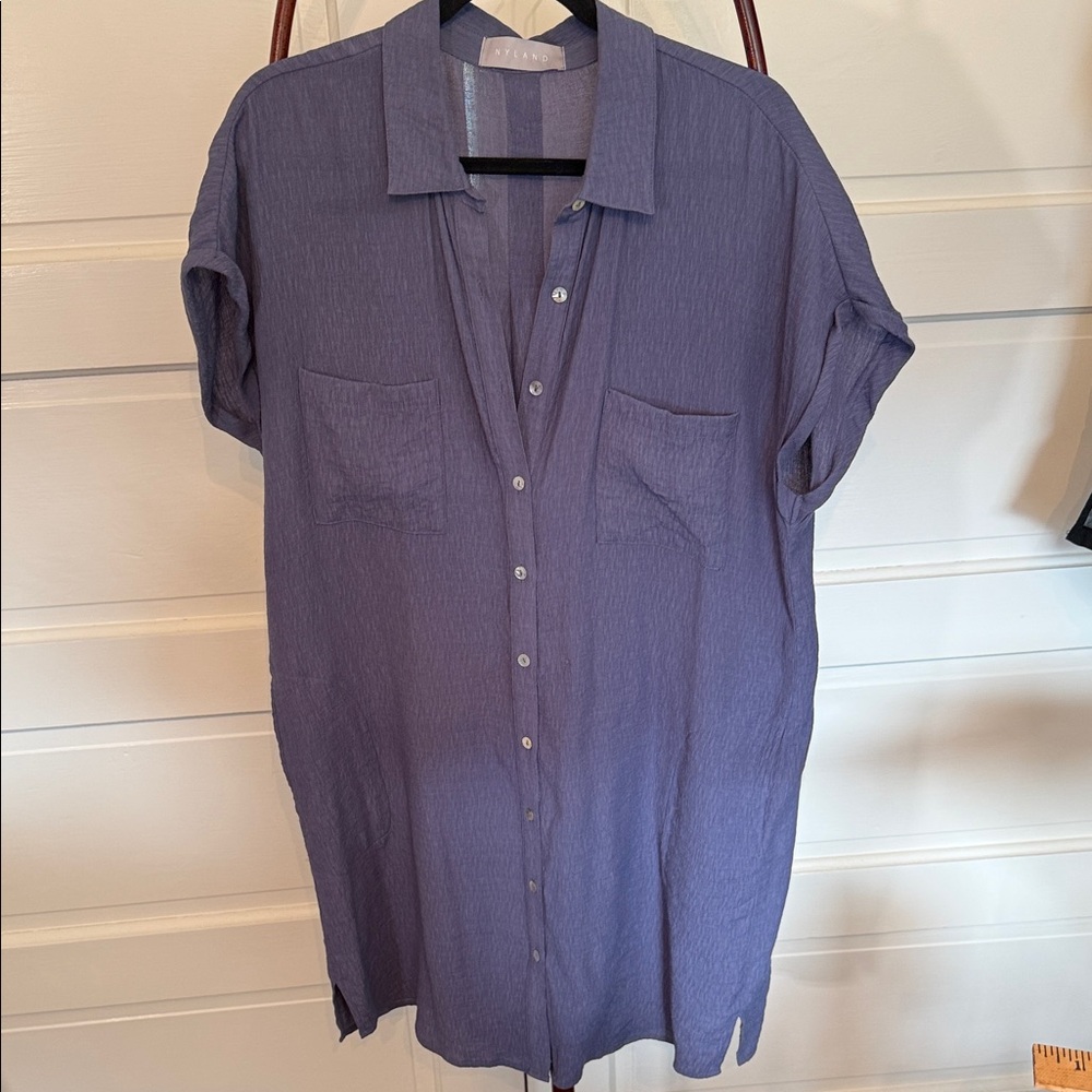 Linen Blend Shirt Dress Blue Oversized Button Down Coastal Minimal Tunic L
